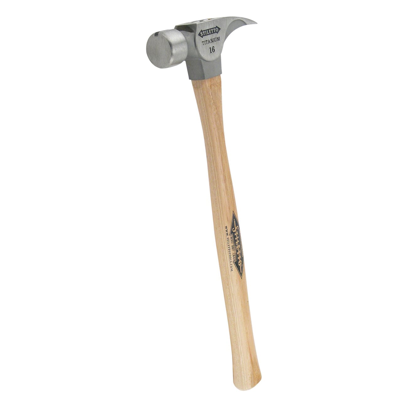 Stiletto® TI16SS Lightweight Framing Hammer, 18 in OAL, Smooth Surface, 16 oz Titanium Head, Straight Claw, Hickory Wood Handle